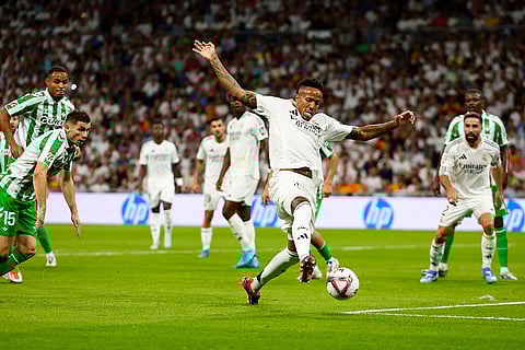 La Liga 2024-25 Real Madrid vs Real Betis: Real Madrid's Eder Militao tries to control the ball